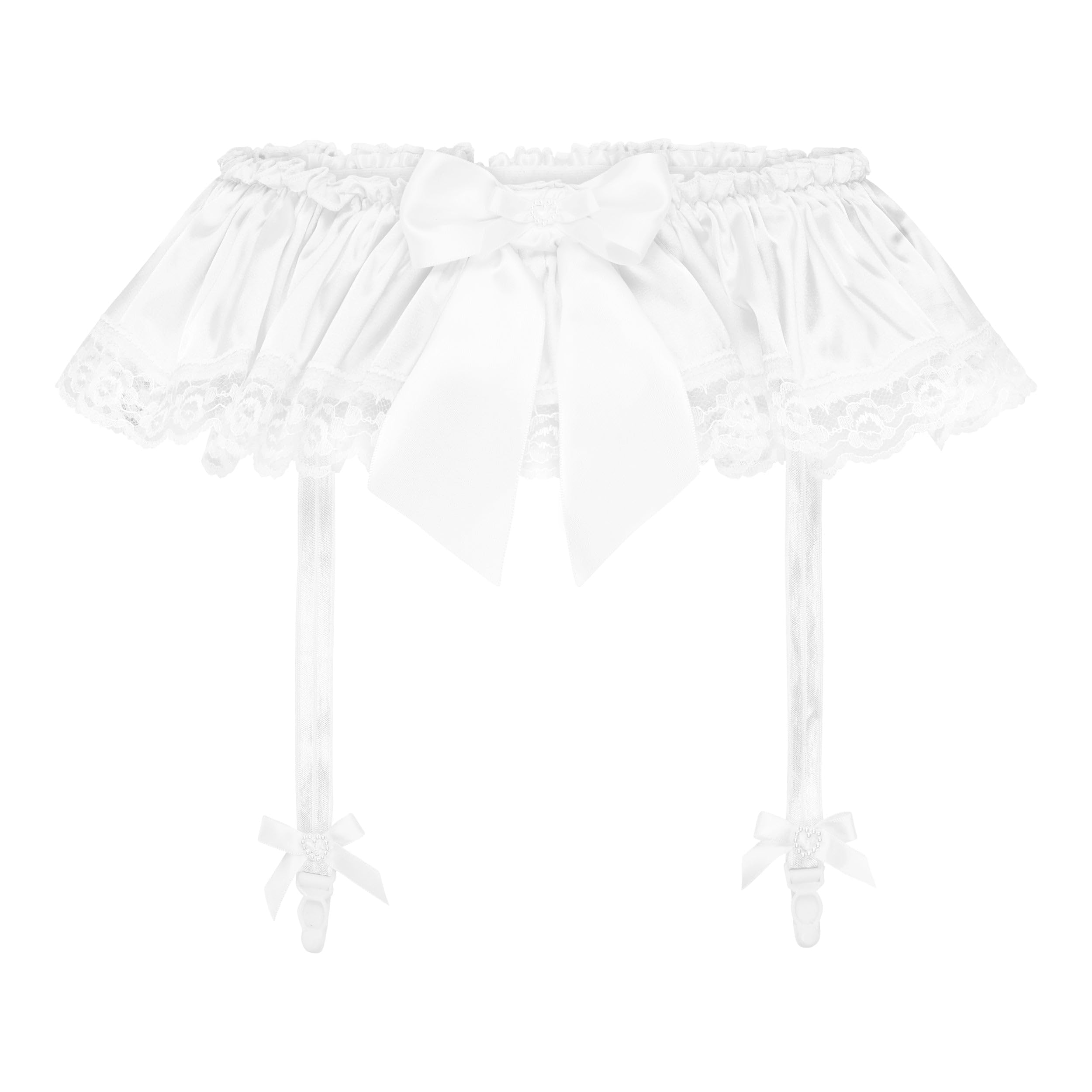 Satini Frilly Lace Sissy Silky Satin Garter Suspender Belt Lingerie Knickers (White, XXL)