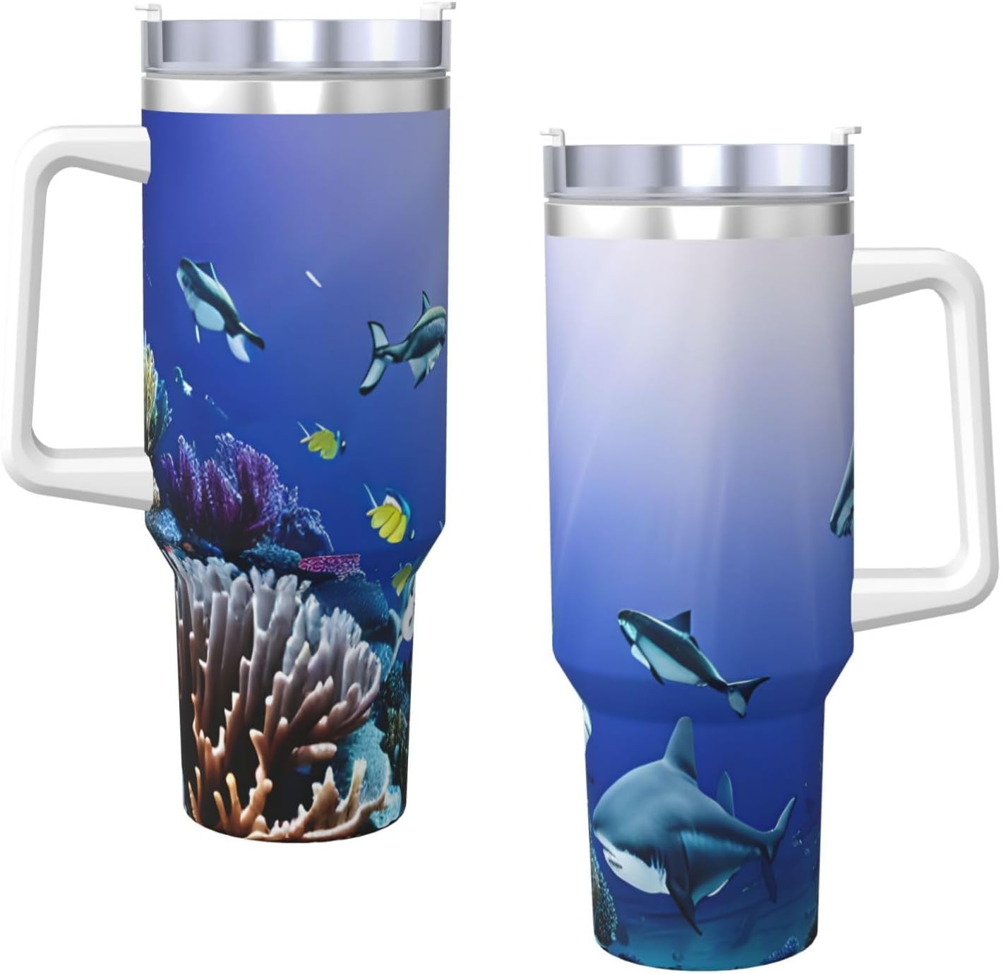 40 OZ Shark Swimming Under the Sea Print Ice Bully Cup with Handle Straw Lid Straw,Stainless Steel Tumbler Coffee Cup