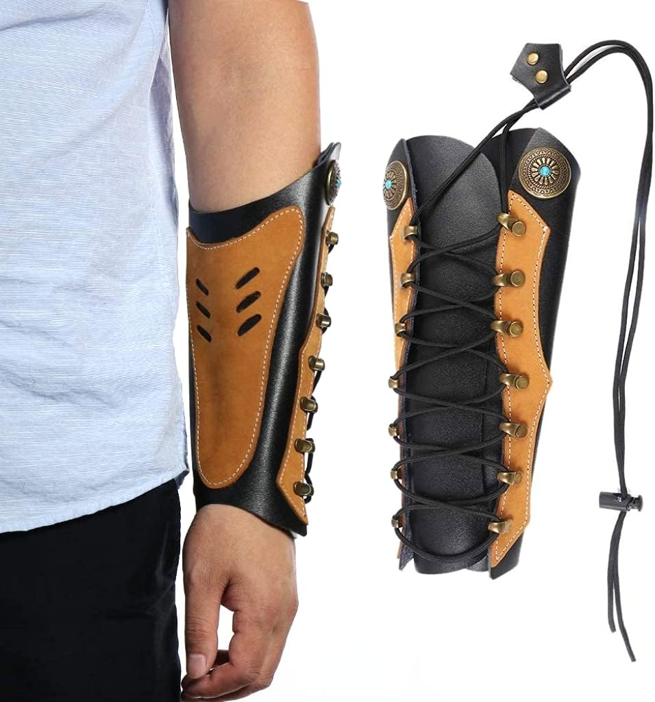 Huntingdoor Archery Arm Guards Leather Arm Guard Adjustable Forearm Guard Protective Gear Gauntlet Cuff Medieval Bracers for Hunting Shooting : Adult Longbow : Sports & Outdoors