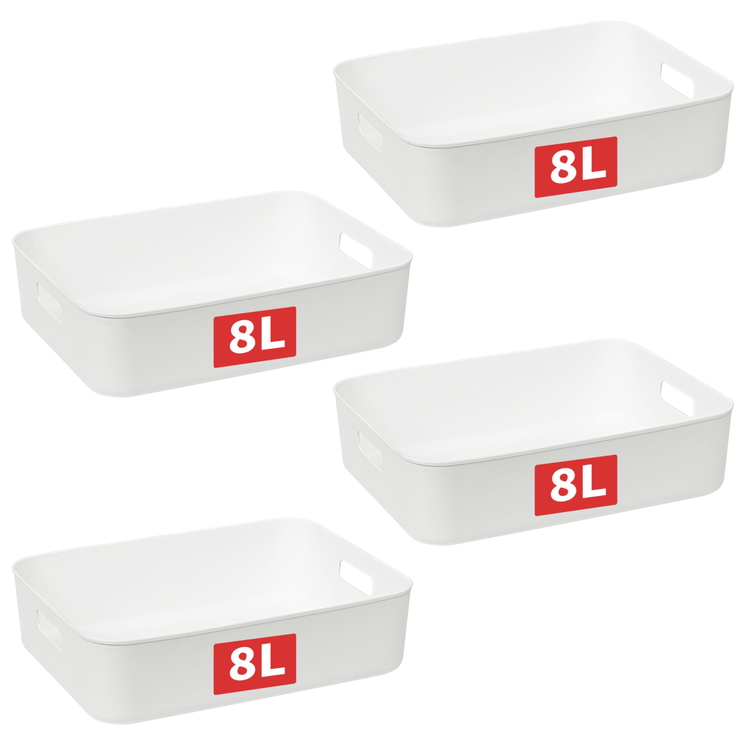 Cetomo 8L*4 Storage Basket, Plastic Open Storage Box, Containers for Shelves, Organizers with Handles for Office, Countertops, Cabinets, PP, BPA Free, White, 8L-4 Pack (35*27*9cm)