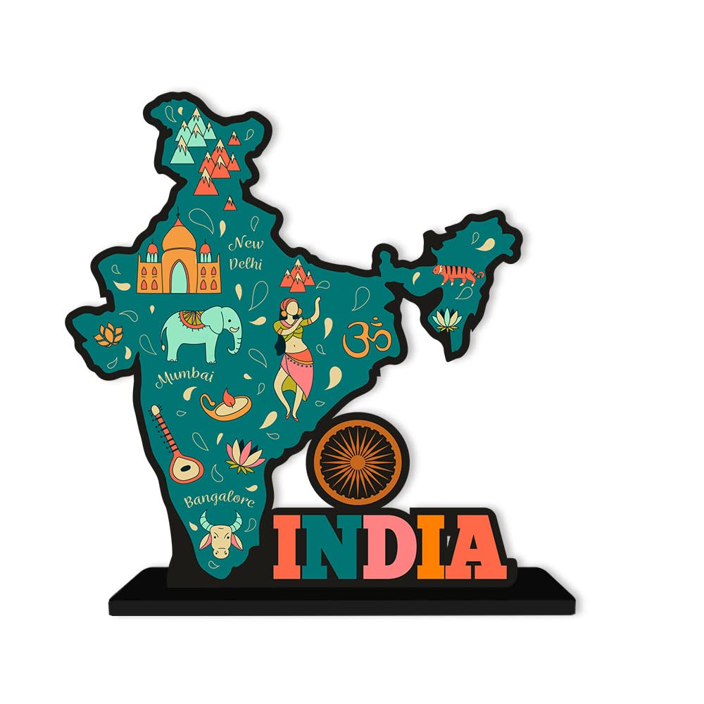 Artvibes Wooden Idols and Fantasy Figurine India Map Designer Table Decor for Office Desk|Home Decoration|Living Room|Bedroom|Modern Art Wood Showpieces Decorative Gifting Item(Sp_1104)
