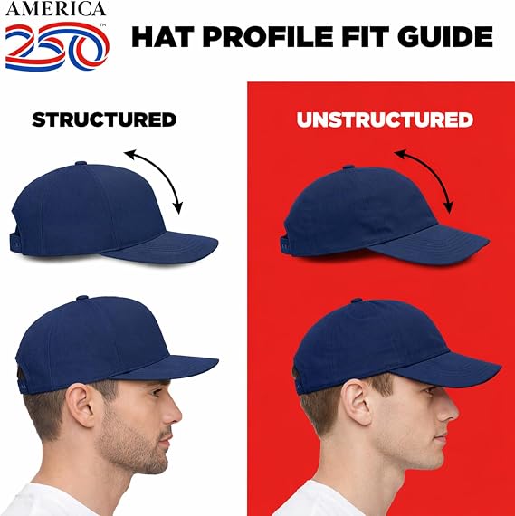 250 Anniversary USA Hat, Official AMERICA250 Headwear, Structured Cap, 4th of July & Authentic Merchandise
