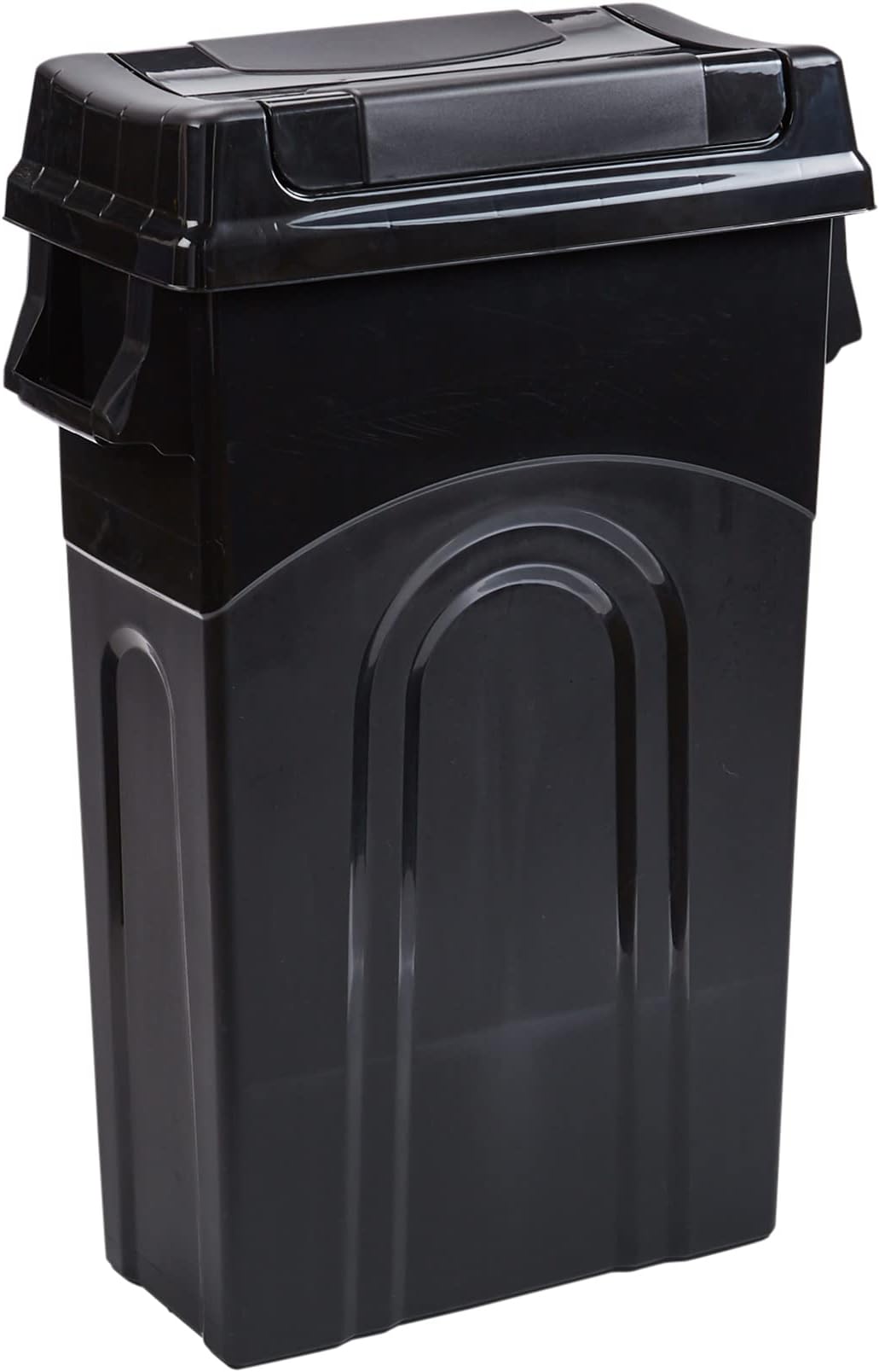 Highboy Waste Container with Swing Lid, 23 Gallon, Space Saving Slim Profile and Simple Bag Removal, Handles for Easy Carrying, Indoor/Outdoor Use, Plastic, Black, 1-Pack.