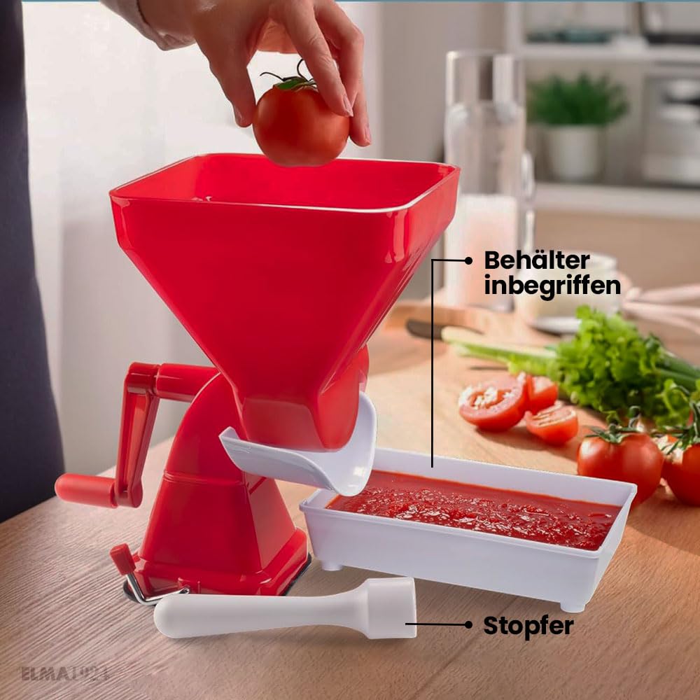 Elma Manueller Tomatenzerkleinerer, Küchensieb und Konservierungstrichter für Tomaten, Tomatenmaschine aus Kunststoff mit rotem Edelstahlfilter, Saugnapfzubeh