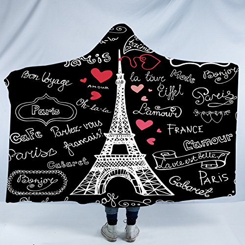 Sleepwish Eiffel Tower Hooded Blanket Paris Fleece Throw Blanket France Blanket French Blanket Black Chalkboard Sherpa Blanket (Kids 50