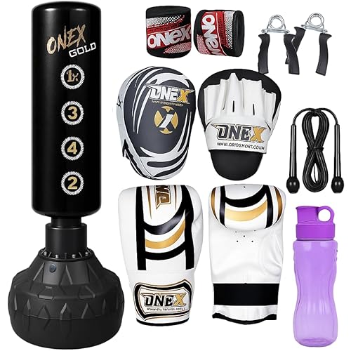 ONEX Punch Bag Free Standing Adult - 5ft filled Heavy Duty Pedestal Stand Boxing Bag for Kickboxing MMA Martial Arts karate Gym & Home Fitness Workout - Black Complete Set