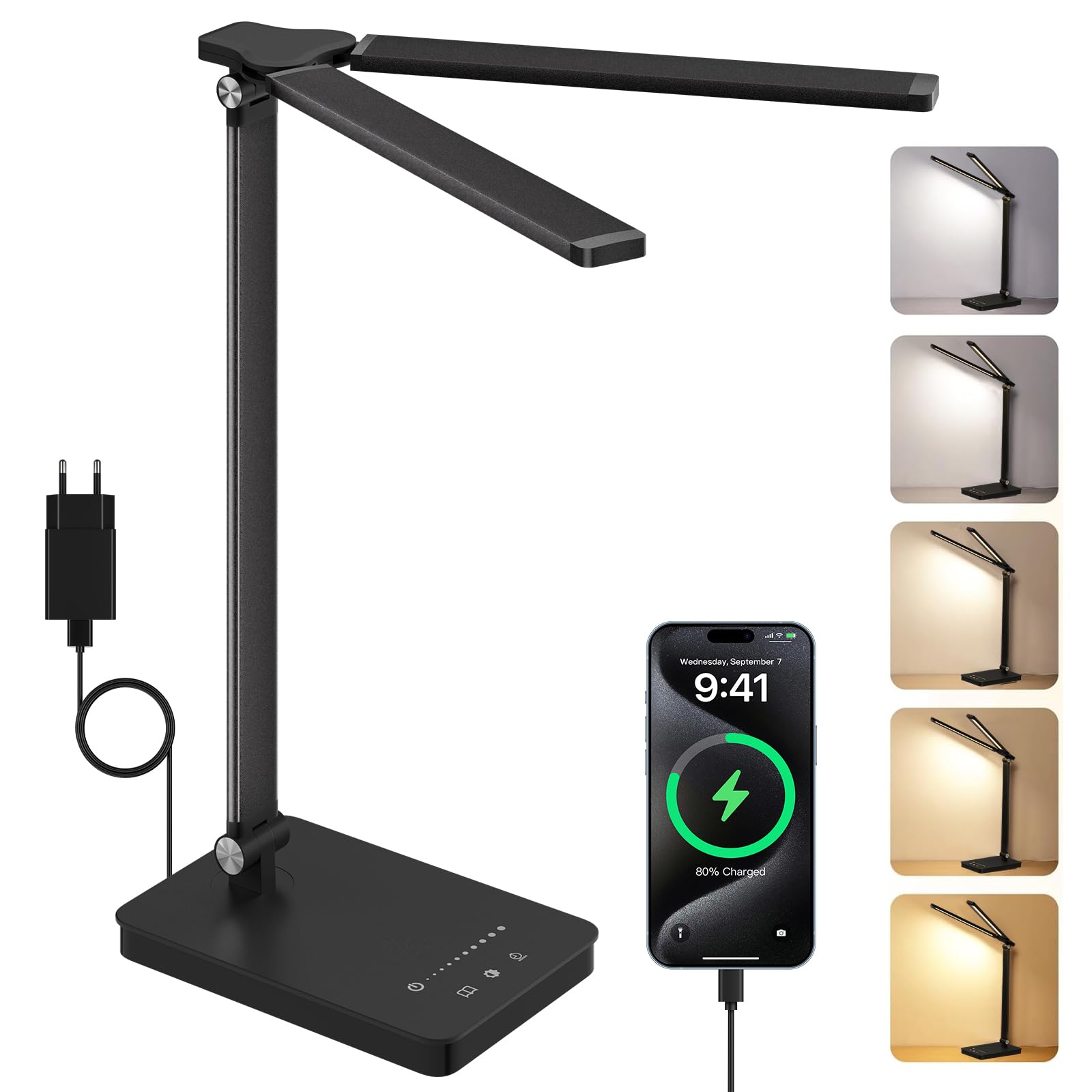 JVURICE Schreibtischlampe LED 15W Dimmbar mit Augenschutz 5 Farben und 10 Helligkeitsstufen mit Adapter Ladefunktion Timer-Funktion Memory Lesemodus Tischlampe für Kinder Schlafzimmer Büro