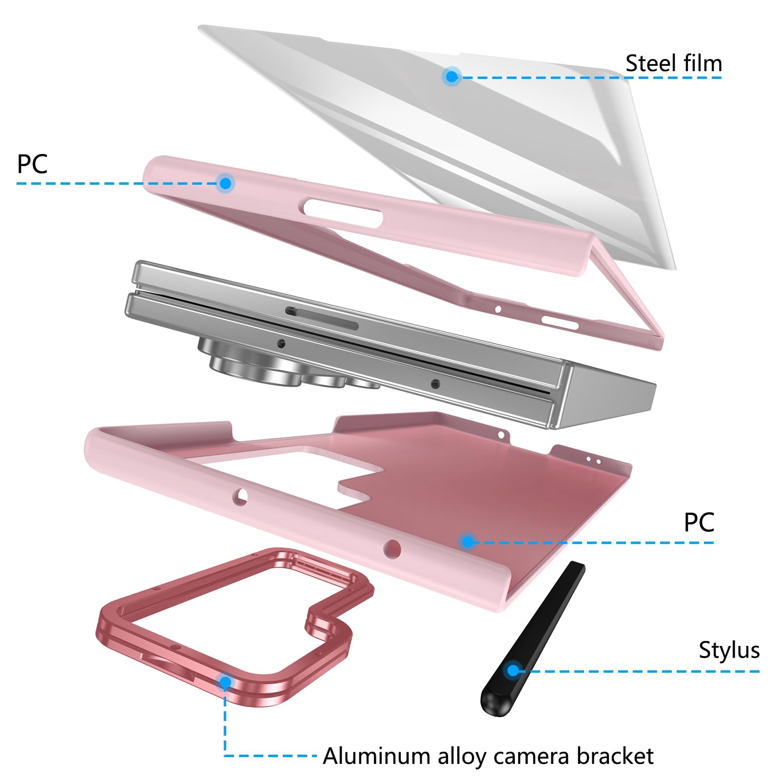 Custodia per Galaxy Z Fold 7 con penna, portapenne integrato, cover per Samsung Galaxy Z Fold7 con pellicola protettiva + Pen + supporto regolabile nascosto-Rosa