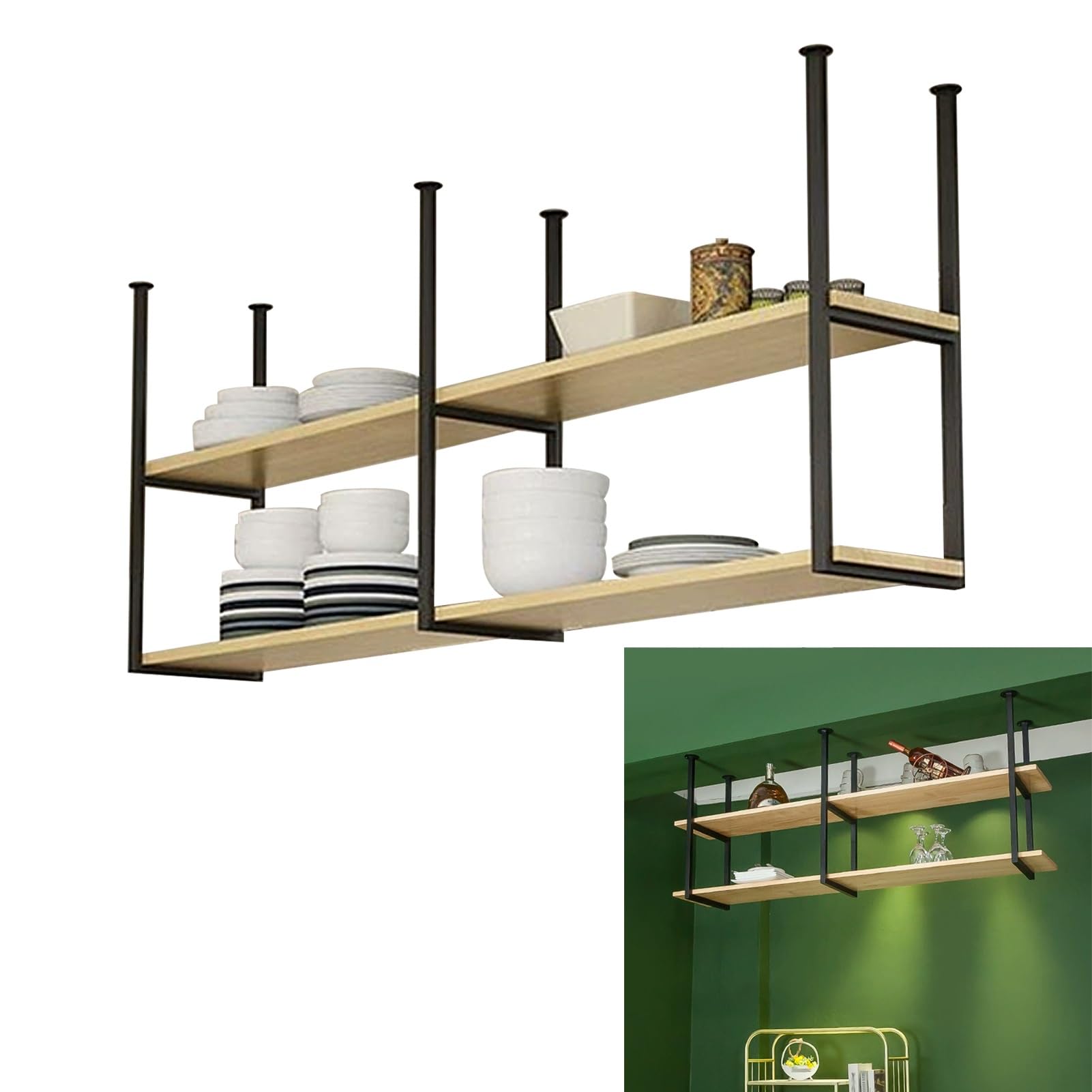 Estante colgante para ollas de cocina con soporte para vino, 2 niveles, estantes para almacenamiento de utensilios de cocina y decoración en bar, hogar o restaurante (60 x 30 x 80 cm)