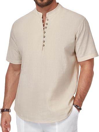 Puimentiua Mens Linen Shirts Short Sleeves Casual Summer Beach Tshirts | Cotton Linen Blend,Henley Shirt for Men,Lightweight,Breathable,Regular Fit,Crew Neck,Button Closure,Summer Daily Wear