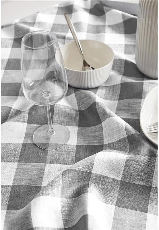 Miniatura 8 de Solino Home Mantel a cuadros, de lino 100 % puro a cuadros, 60 x 120 pulgadas, color gris y blanco, para primavera, verano, interior, exterior,
