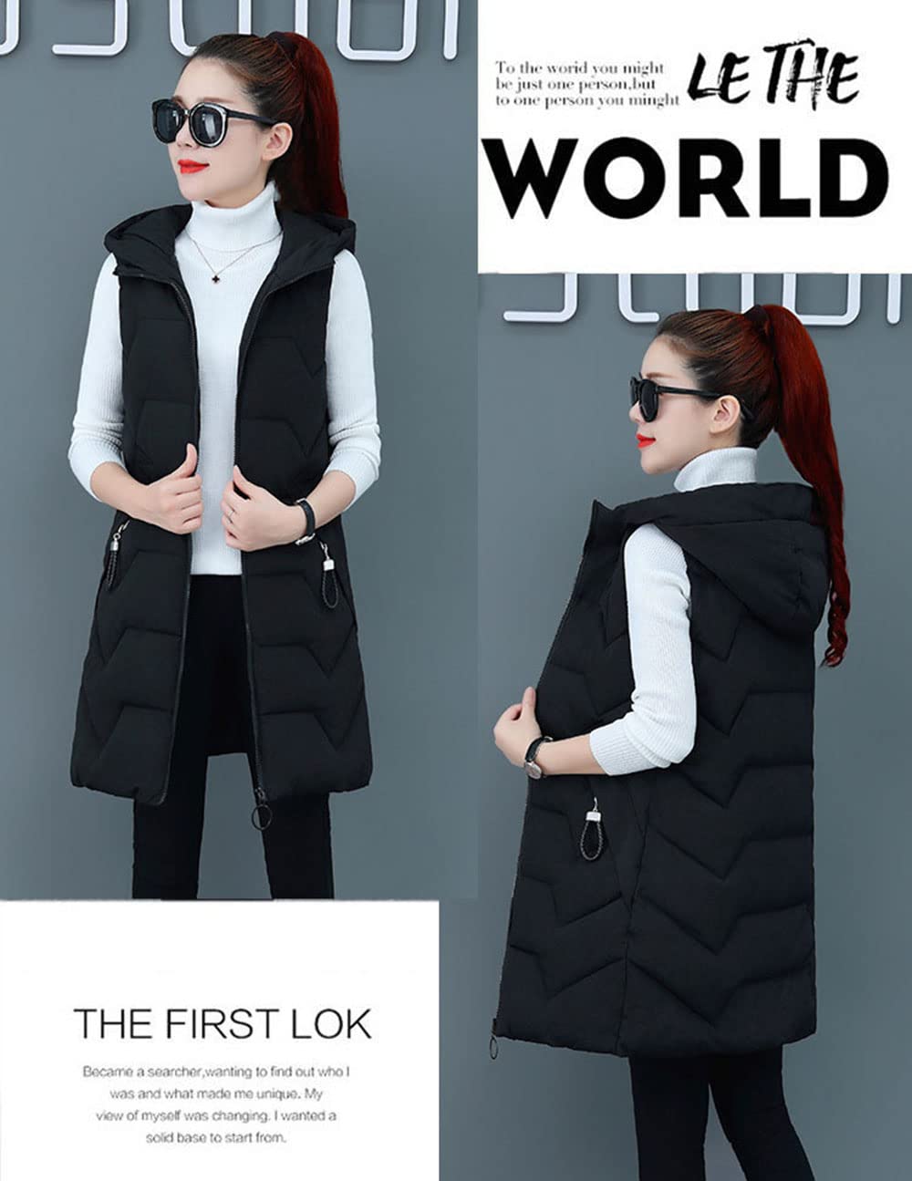 Gilet in Piumino Donna Gilet Trapuntato Autunno Invernali Smanicato Piumino Canottiera Mode Leggermente Imbottito Giacca con Cappuccio Gilet con Tasche Casual con Cerniera Outerwear,Nero,XL