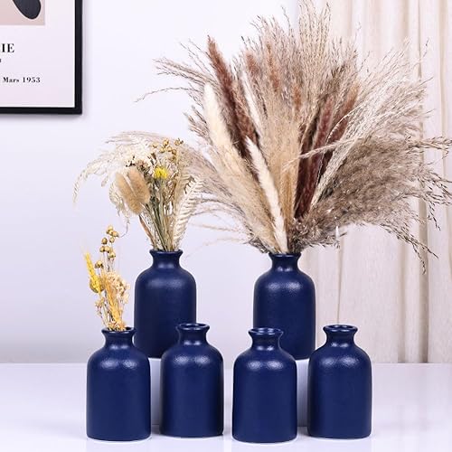 Miniatura 6 de Juego de 6 jarrones Blue Bud - Mini jarrones de cerámica azul para flores, jarrón moderno para decoración de mesa, jarrón pequeño bohemio para