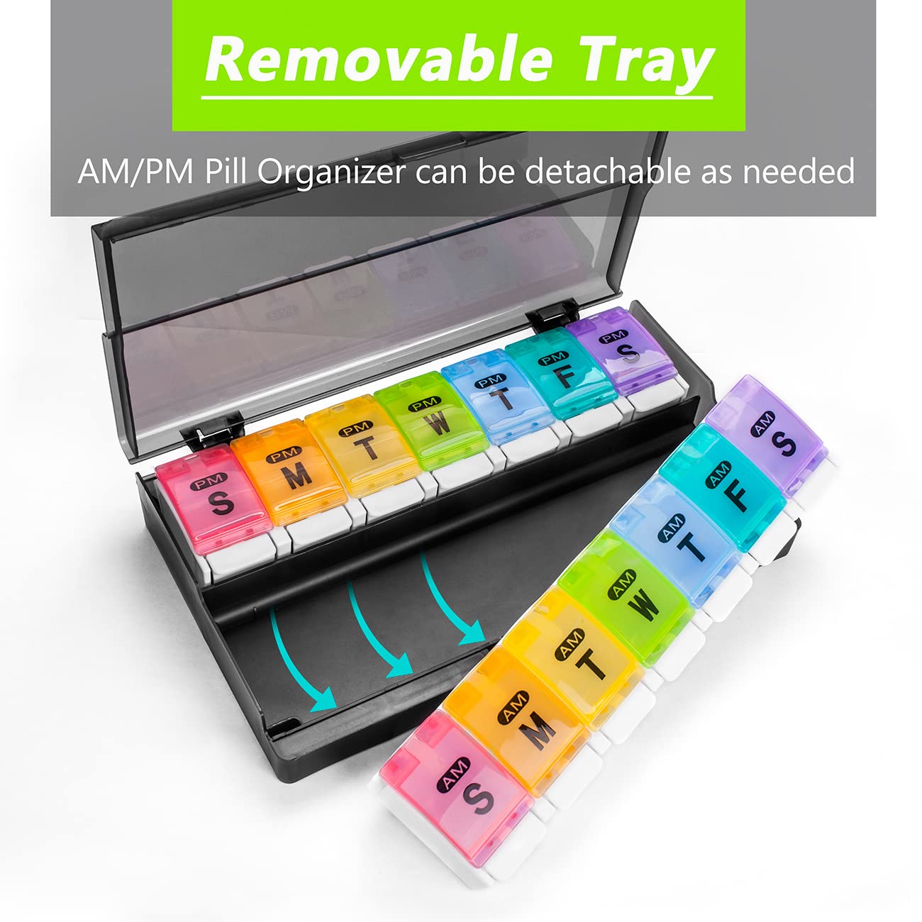 Organizador de píldoras para 7 días (dos veces al día) – Remtise AmPm Daily Pastillero Organizador de medicamentos, caja de píldoras semanal con botón para píldoras, vitaminas, aceite de pescado,