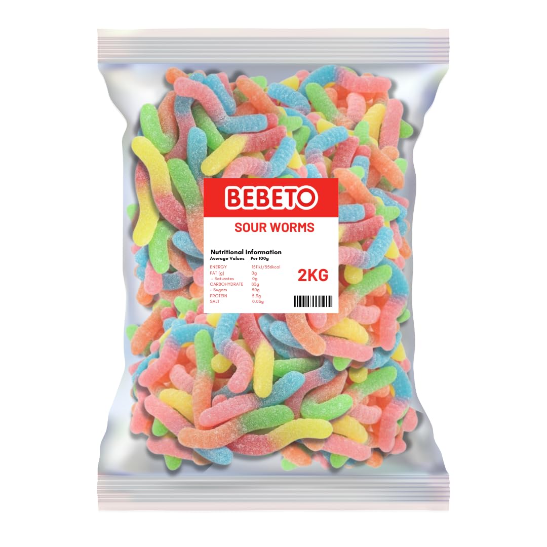 Bebeto Sour Worms 2kg | Fruity Sour Jelly Worms | Chewy Fizzy Gummy Sweets | Halal Certified Bulk Bag