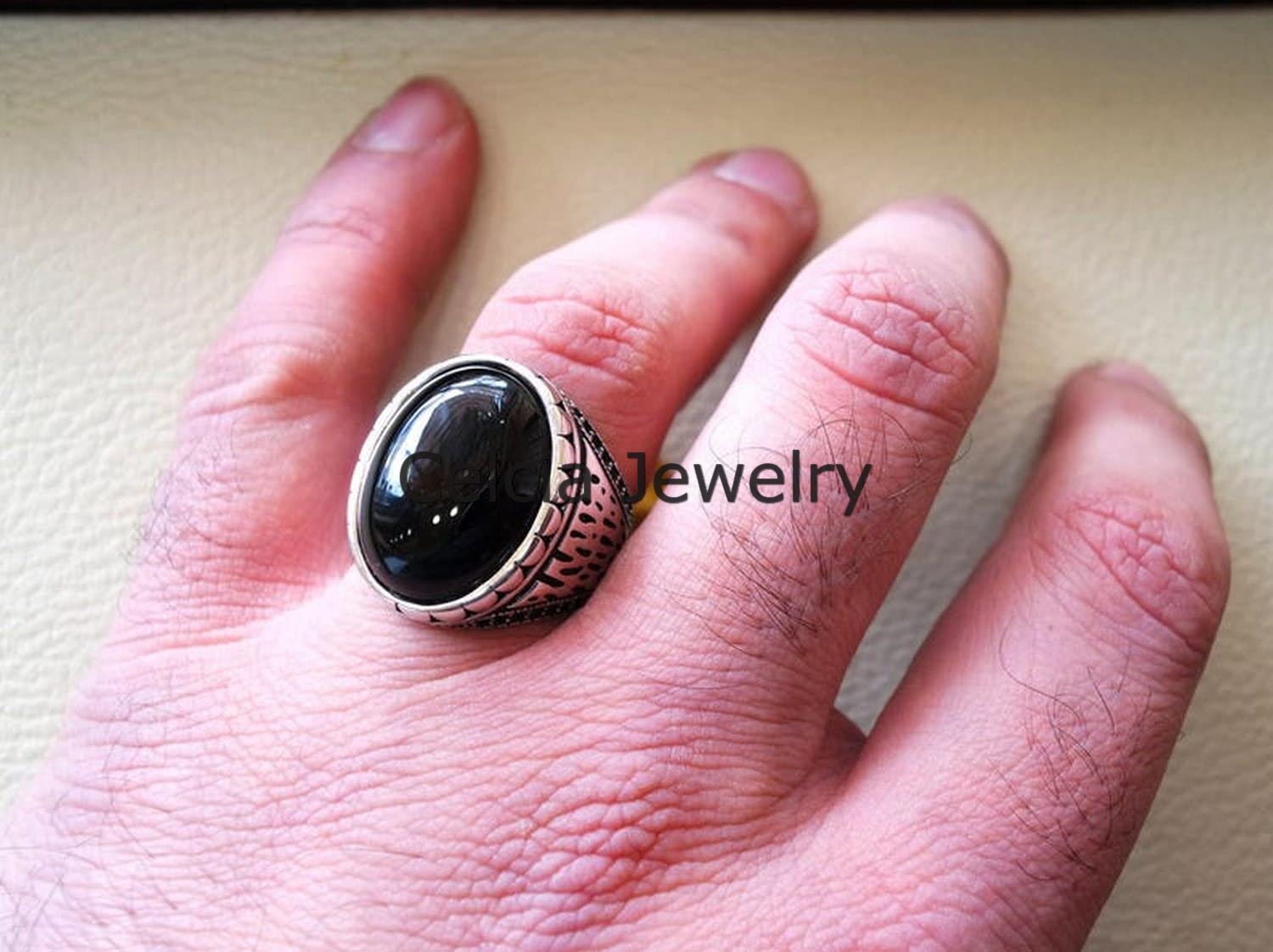Anello antico pietra preziosa di onice nero, anello per regali di nozze per uomo, regali per l'di compleanno per papà, marito, fidanzato, anello di dichiarazione, regali di fidanzamento (nero-onice)