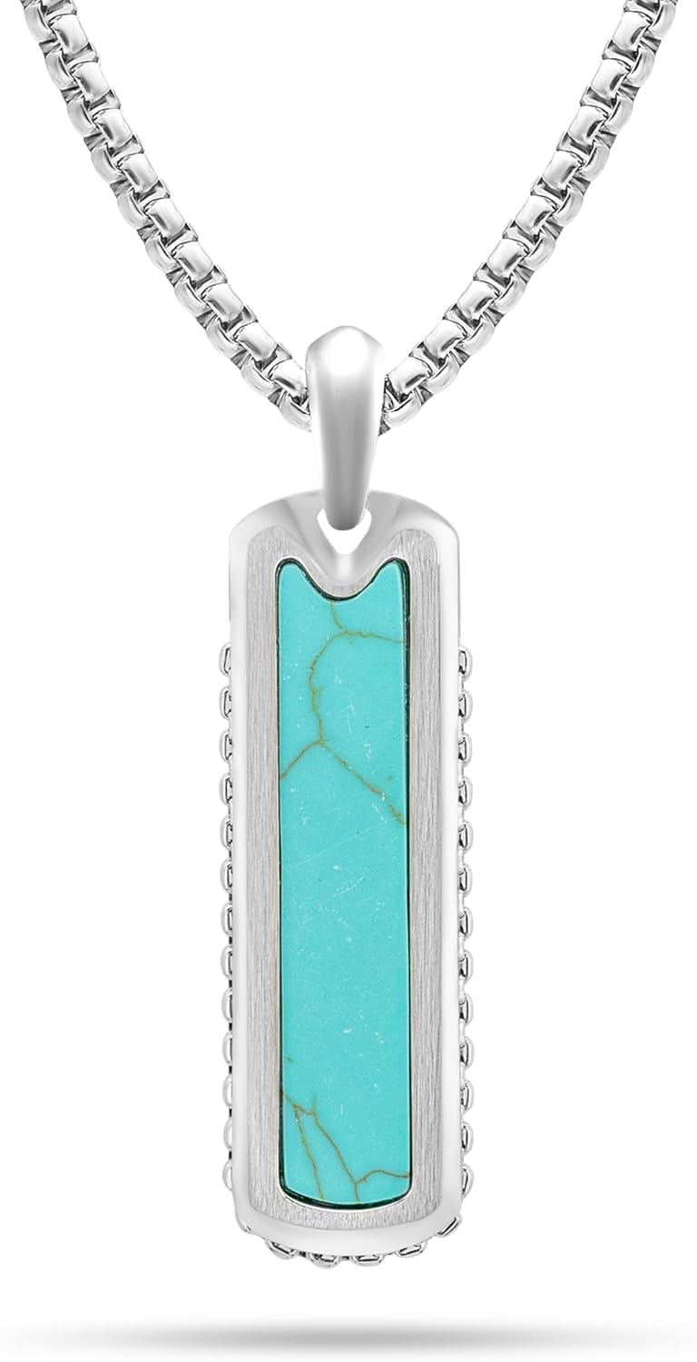 RTZN Turquoise Necklace for Men  Premium Mens Turquoise Necklace Dog Tag Pendant with Stainless Steel Box Chain 22" Inch + 2" Extension - Mens Western Necklace