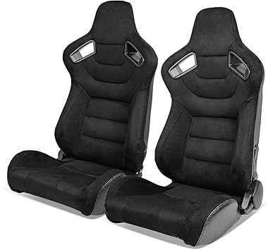 Universal Pairs of Racing Seat with Dual Sliders, Suede Front+Carbon Leather Back Reclinable Bucket Seat, Black Suede+Silver Belt Hole
