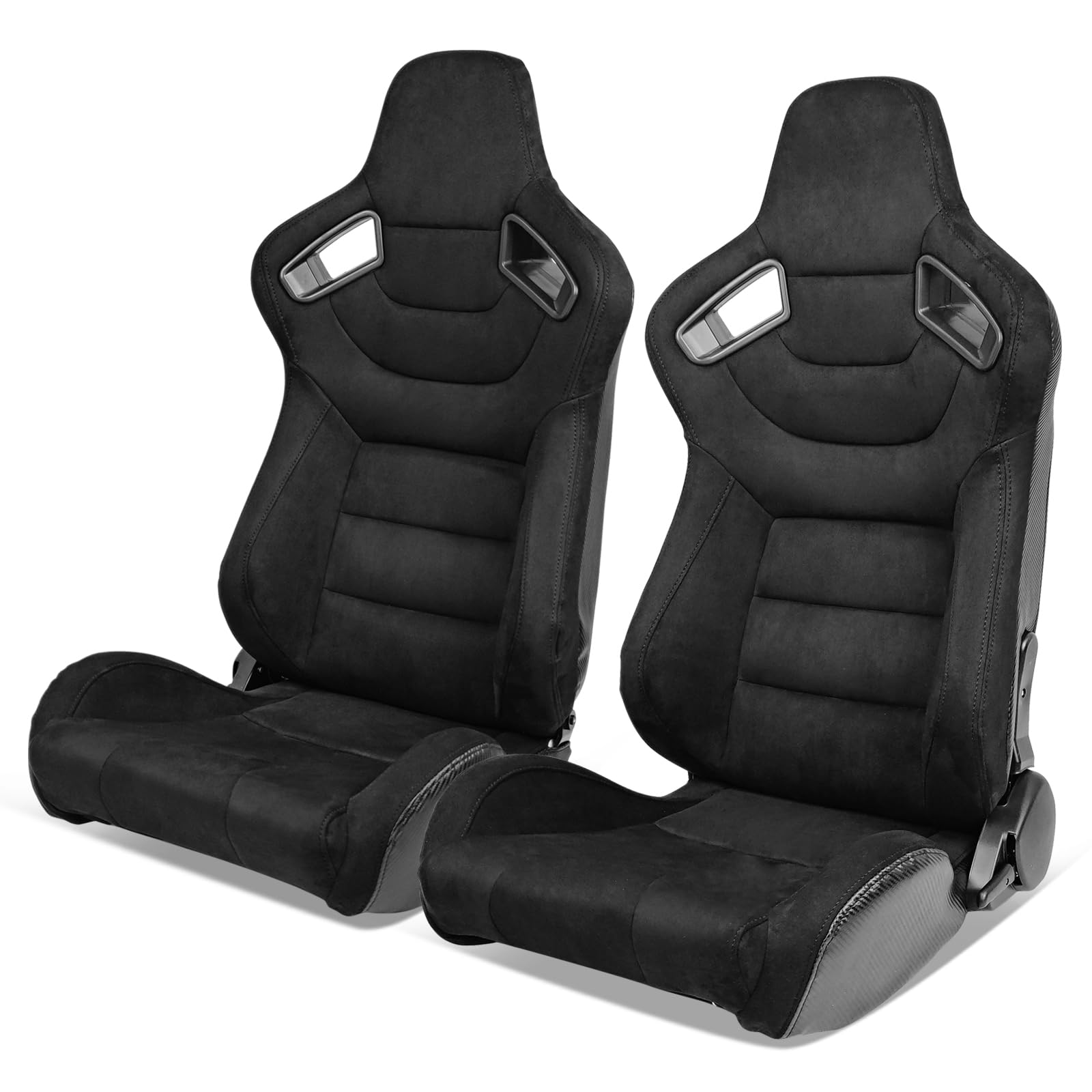 IKON MOTORSPORTS, Universal Racing Seats with 14" Dual Sliders, Black Suede & Carbon Leather Back W/Black Stitching Reclinable Sport Bucket Seats for