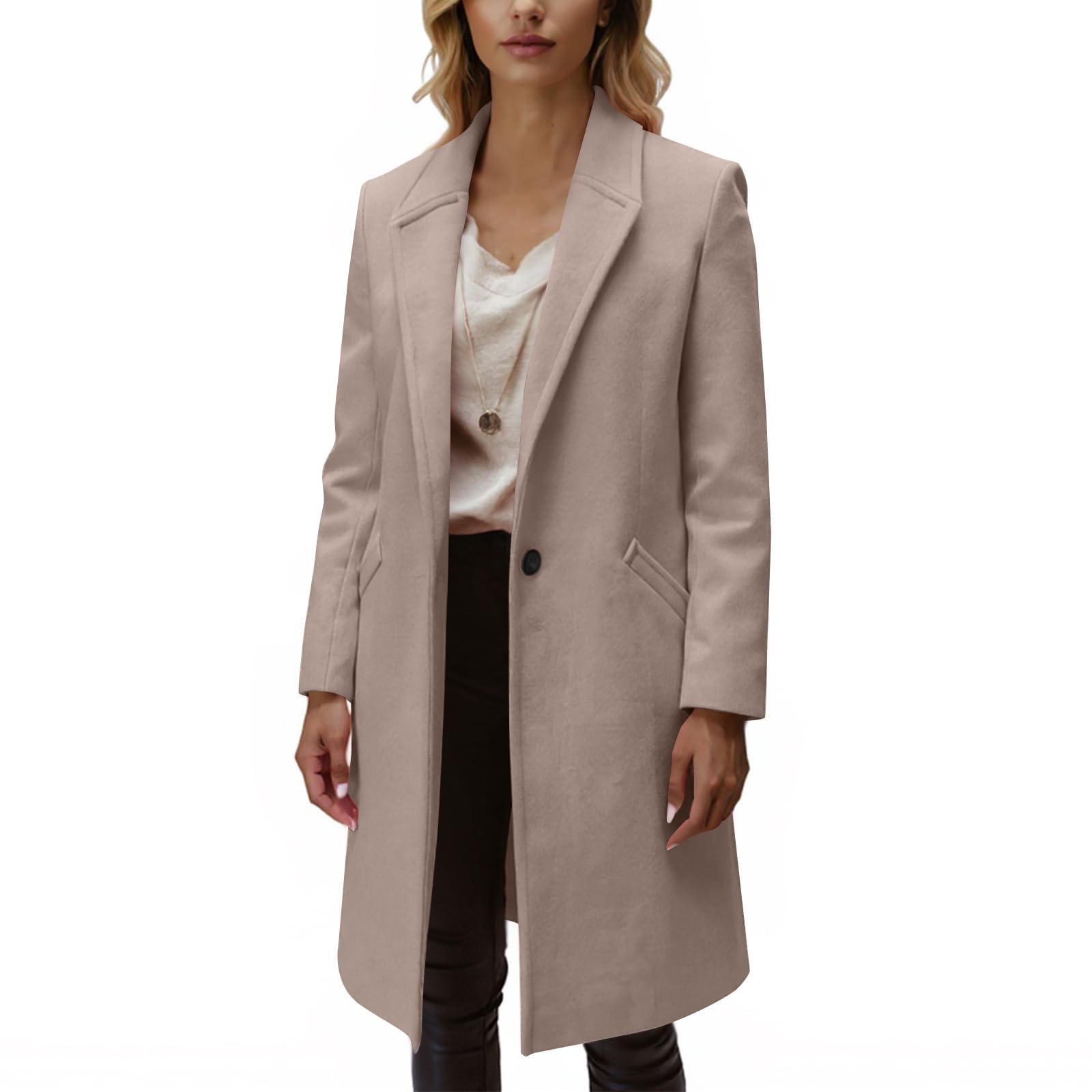 Generisch Wollmantel Damen Winter Mantel Elegant Wintermantel Lang Revers Jacke Langarm Damen-Mäntel Warm Trenchcoat Mit Knöpfen Übergangsjacken Einfarbig Winterjacke Frauen Mit Taschen Wolljacke