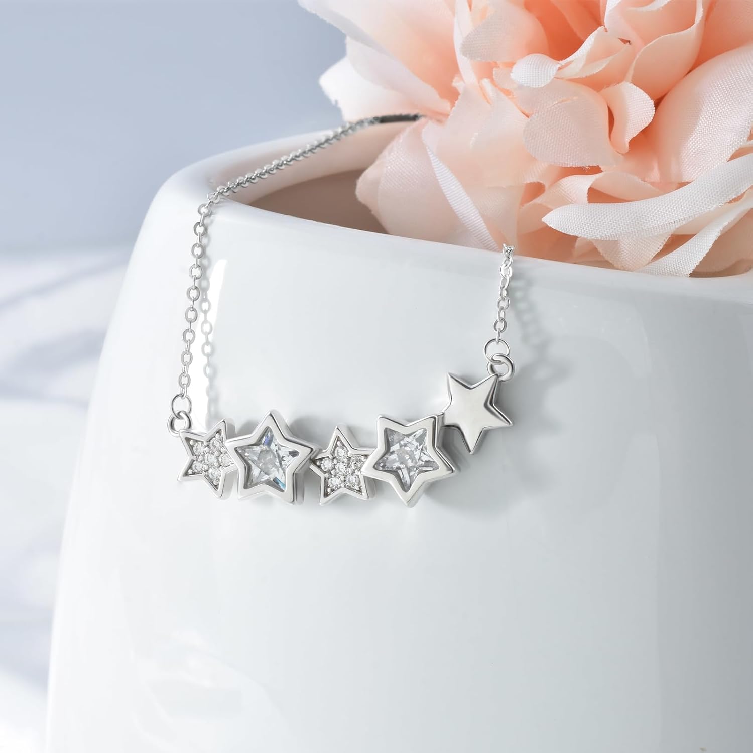 Star Necklace for Girls Women - Sterling Silver Adjustable Star-Shaped Pendant Necklace Cubic Zirconia Chain Hypoallergenic Minimalist Five Stars Charm Necklace for Teens Daughter Granddaughter Niece - Image 4