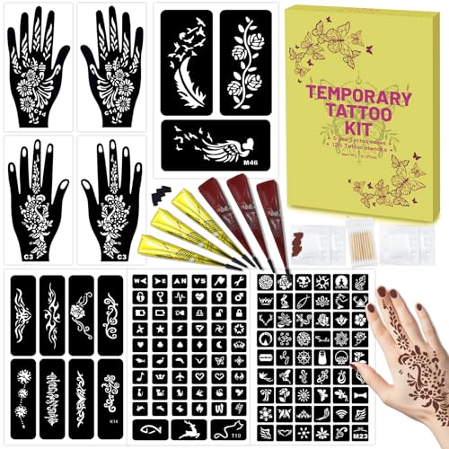 Kit de 126 pochoirs pour tatouages temporaires, kit de tatouages temporaires - 6 cônes à tatouer 2 couleurs (marron et noir) avec gants, motifs de peinture corporelle...