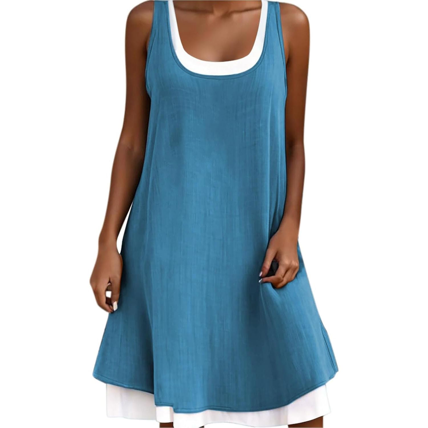 Damen-Midikleid aus Baumwollleinen, ärmelloses U-Ausschnitt-Midikleid in Knielänge, A-Linien-Tunika, Mini-Swing-Sommerkleid, lässiges Strand-Sonnenkleid