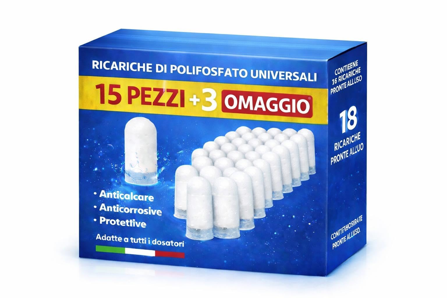 Polifosfati Anticalcare Universali per Dosatore Caldaia | Ricarica di Ricambio per Protezione Elettrodomestici e Impianti | Made in Italy | Set Scorta 18 Pezzi