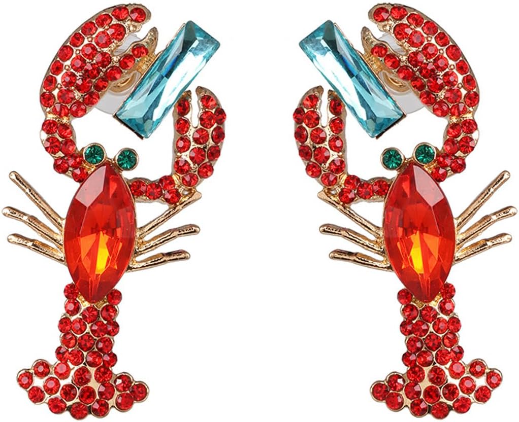 Exaggerated Creative Enamel Lobster Crab Dangle Drop Earrings Colorful Bohemia Rhinestone Lobster Crayfish Animals Stud Earrings for Women Summer Beach Holiday Party Vacation Jewelry Gifts