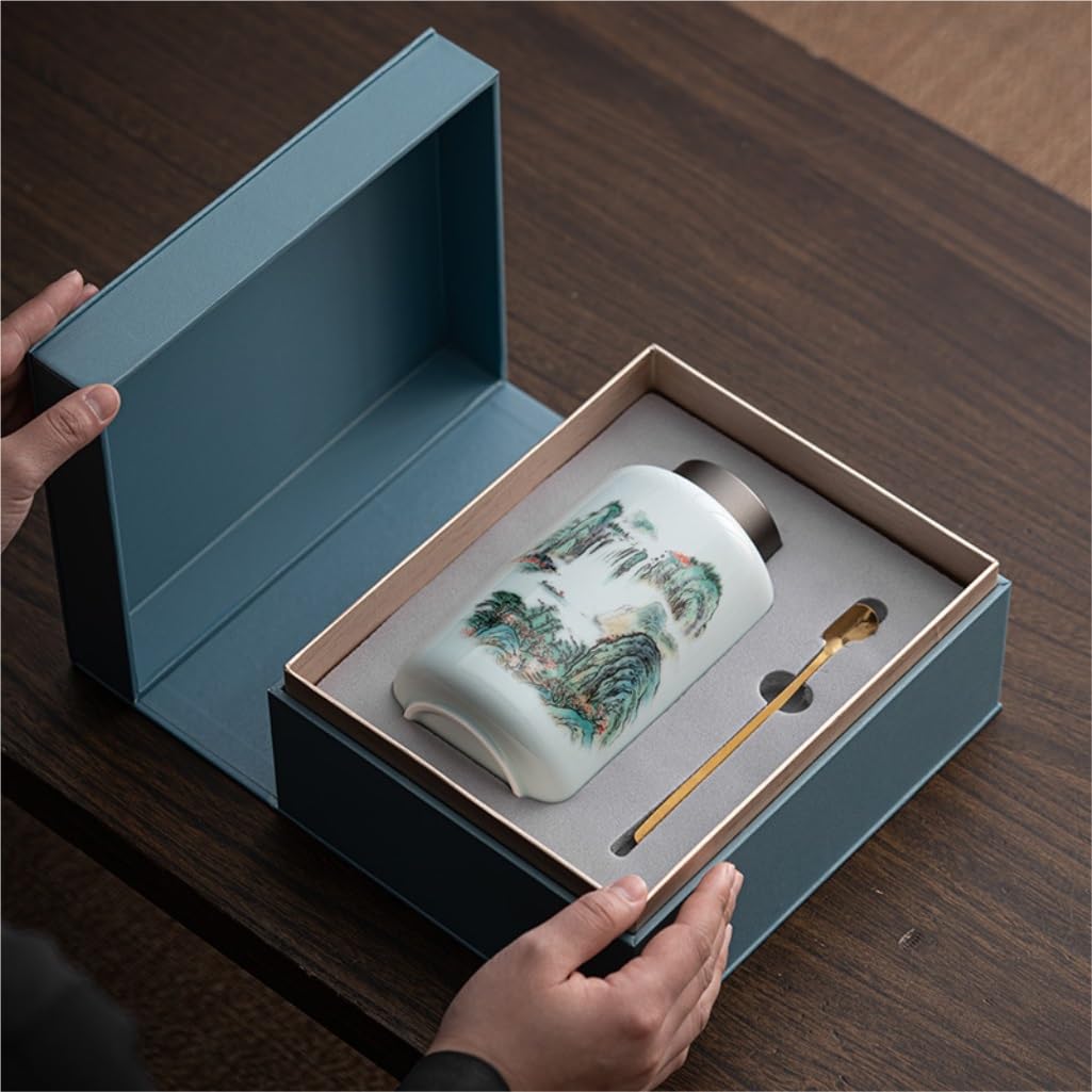Lata de té Tanque de Almacenamiento té Grande cerámica con Pintura Tinta, Tanque Sellado en Espiral aleación, Caja Regalo Simple y Doble Carrito de té(Single Can Gift Box)