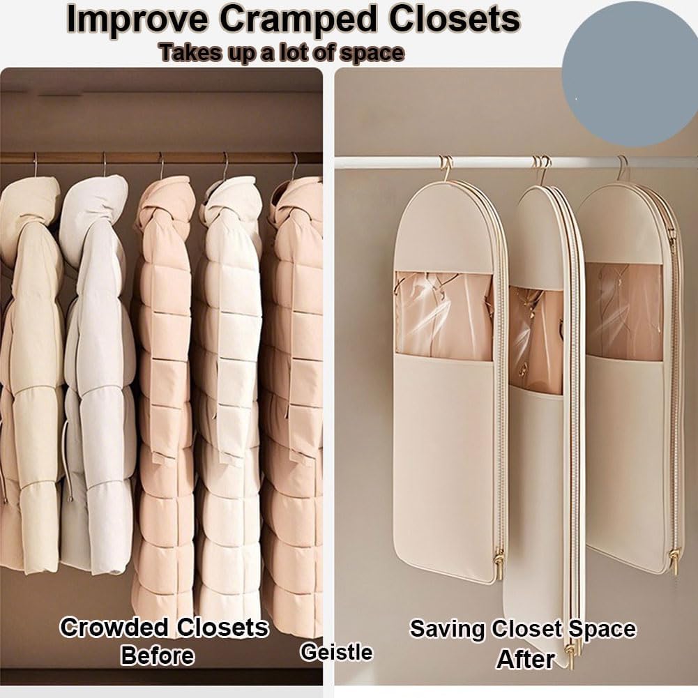 Lot de 3 sacs à vêtements à suspendre avec fermeture éclair auto-compression, organiseurs de placard pour manteau en duvet, sacs de rangement sous vide (beige, (taille M + L + XL)