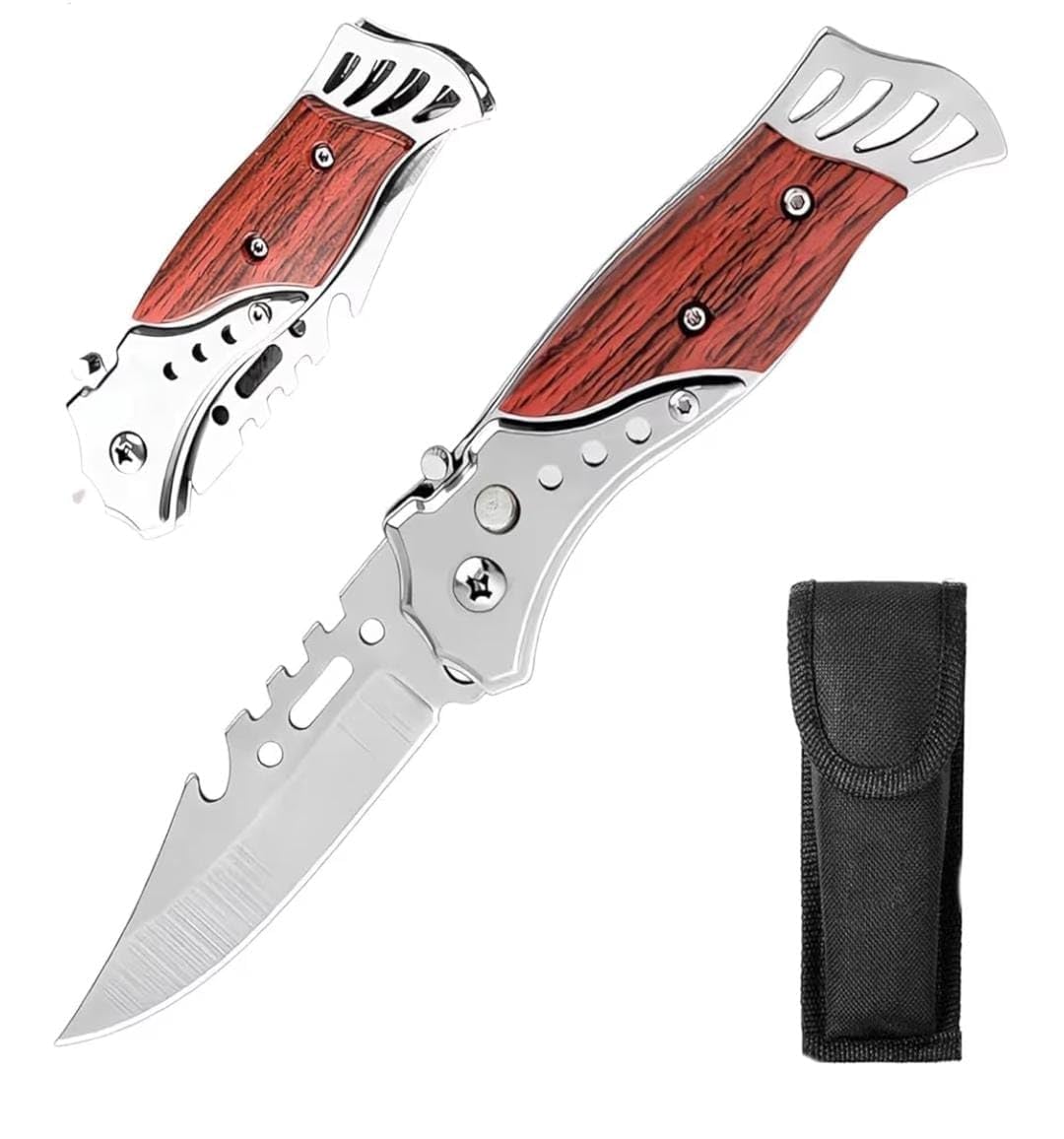 UA Folding Pocket Knife with Wooden Handle and Nylon Sheath | Stainless Steel Blade, Finger Ring Guard, Tactical Design, Belt Loop Sheath, Outdoor Camping-picture-10