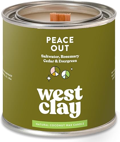 WEST Clay - Vela Peace Out, aroma a sal marina de romero perenne. Lata de metal de 8 onzas, mecha de madera, cera de coco