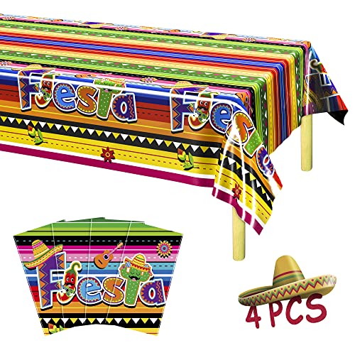 Image of 4 PCS Cinco De Mayo Tablecloth, 108 inchx54 inch Mexican Fiesta Tablecovers, Disposable Mexican Striped Table Covers, Plastic Party Table Cloth for Mexican Themed Party Supplies Carnival Taco Night Birthday