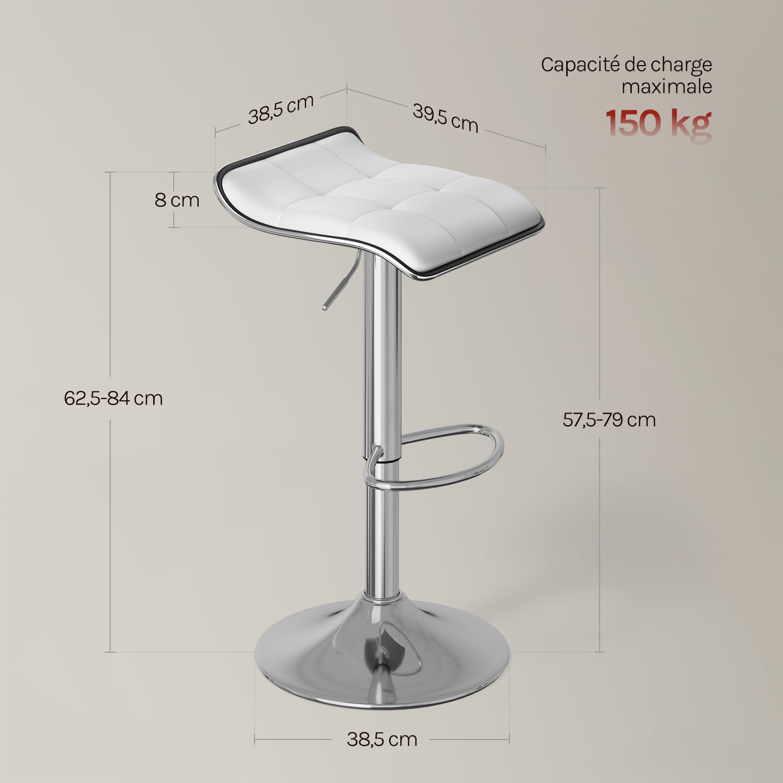 WOLTU Tabourets de Bar Lot de 2, Réglable en Hauteur, PU, Blanc | Chaise Haute Cuisine avec Repose-Pieds, Pivotant à 360°, Tabouret pour Bar, Cuisine Salon, Métal