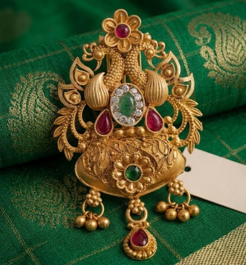 Harishree Enterprise Intricately Crafted Peacock Saree Pin in Antique Matte Gold Finish-picture-24