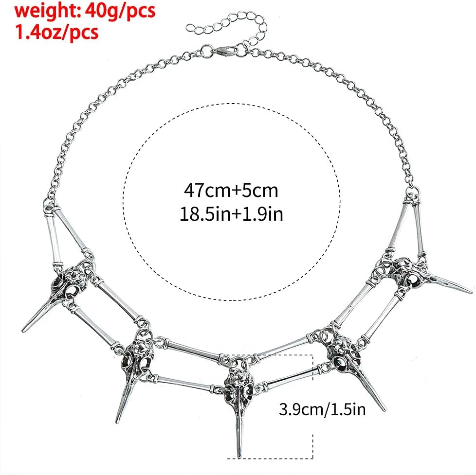 GIGB PBDK Vintage Silver Skull Bird Head Choker Necklace, Gothic Retro Evil Skull Pagan Wizard Magic Mystery Necklace, Unique Thorn Rivet Halloween Jewelry Gift - Image 3