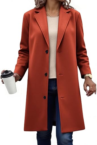 Womens Single Breasted Trench Coat Casual Fall Thicken Wool Lapel Collar Pea Coat Winter Slim Fit Jackets Outwear