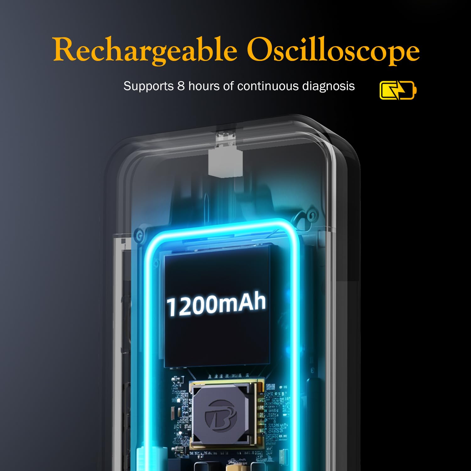 Diagram showing the internal 1200mAh rechargeable battery of the BSIDE OT5 Mini Oscilloscope.