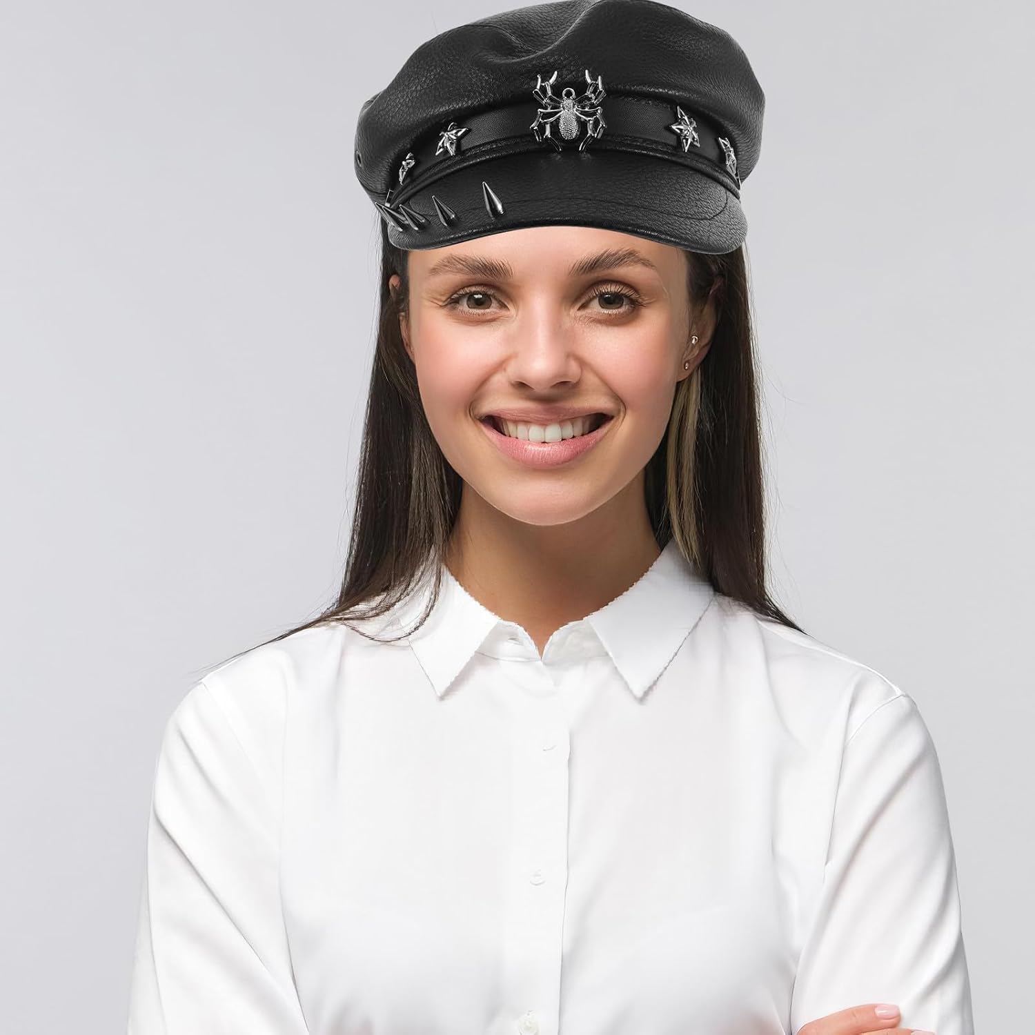 Wide Brim Flat Top Hat Comfortable with Rivet-Studded Pu and Polyester Material Retro Nautical Style Fedora Women’s for Casual Strolls and Party Outfits Black