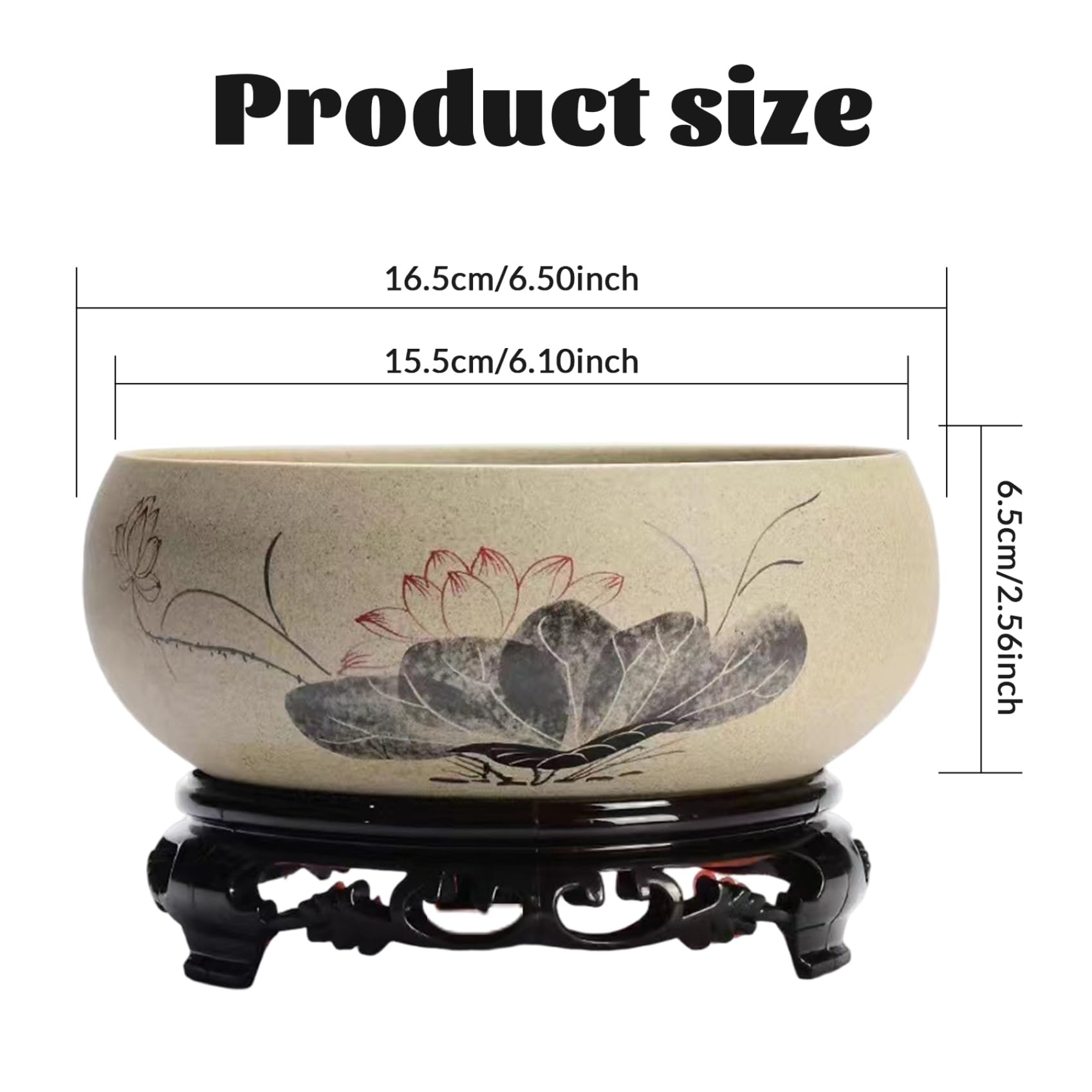 Vaso idroponico in ceramica con motivo a loto 6, 5x2, 6" con base in plastica vaso rustico e raffinato per fiori di loto ninfee e altro ancora.