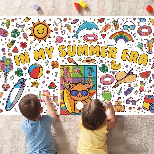 Image of OHOME Summer Giant Coloring Poster /Tablecloth - Summer Toys | 30 x 72 Inches Jumbo Coloring Banner - Kids Crafts Activities Games Decor Party Favors Birthday Decorations for Classroom School