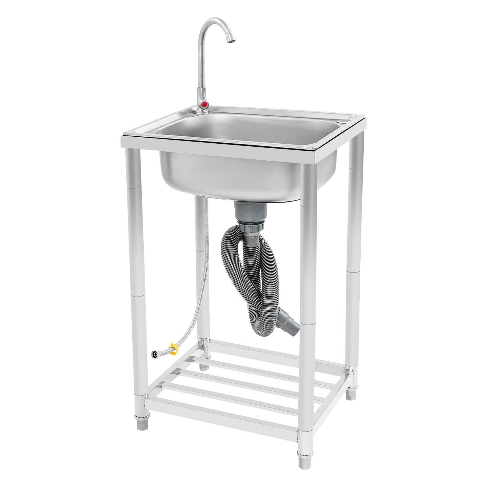 Edelstahl Spültisch 50×40×82 cm, freistehendes Waschbecken | 360° schwenkbarer Wasserhahn, untere Ablage, 50 kg Tragkraft, für Küche, Garage, Garten und Gastronomie