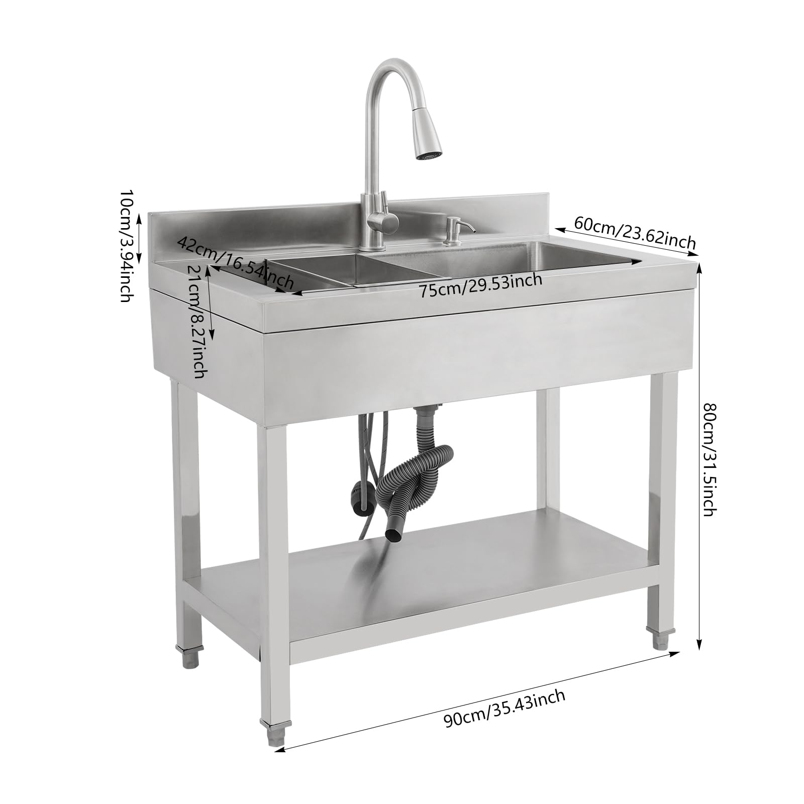 Fregadero de cocina de acero inoxidable independiente, 1 lavabo, fregadero de cocina comercial con grifo con mangueras de agua fría y caliente, fregadero para exteriores, para garaje, lavandería