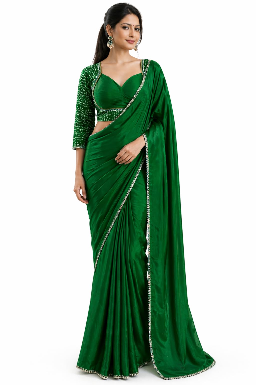 Women's Chinon Saree with Fully Stitched Bandhani Blouse | Designer Embroidered Border Saree for Weddings & Festivals (BANDHANI RED)-picture-50