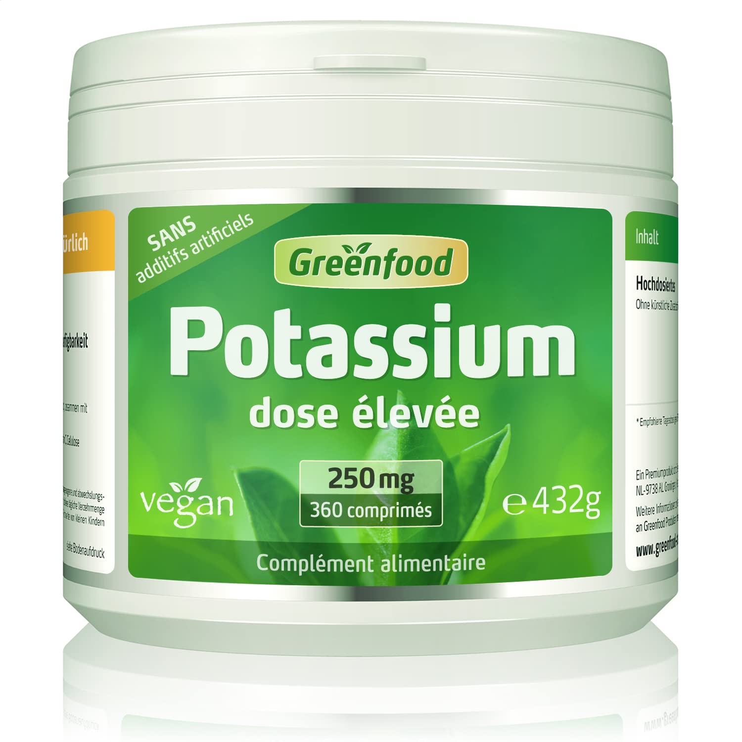 Greenfood Potassium, 250 mg, 360 comprimés – fonctionnement normal du système nerveux, fonction musculaire normale, maintien de la pression artérielle normale. Sans additifs artificiels. Vegan.