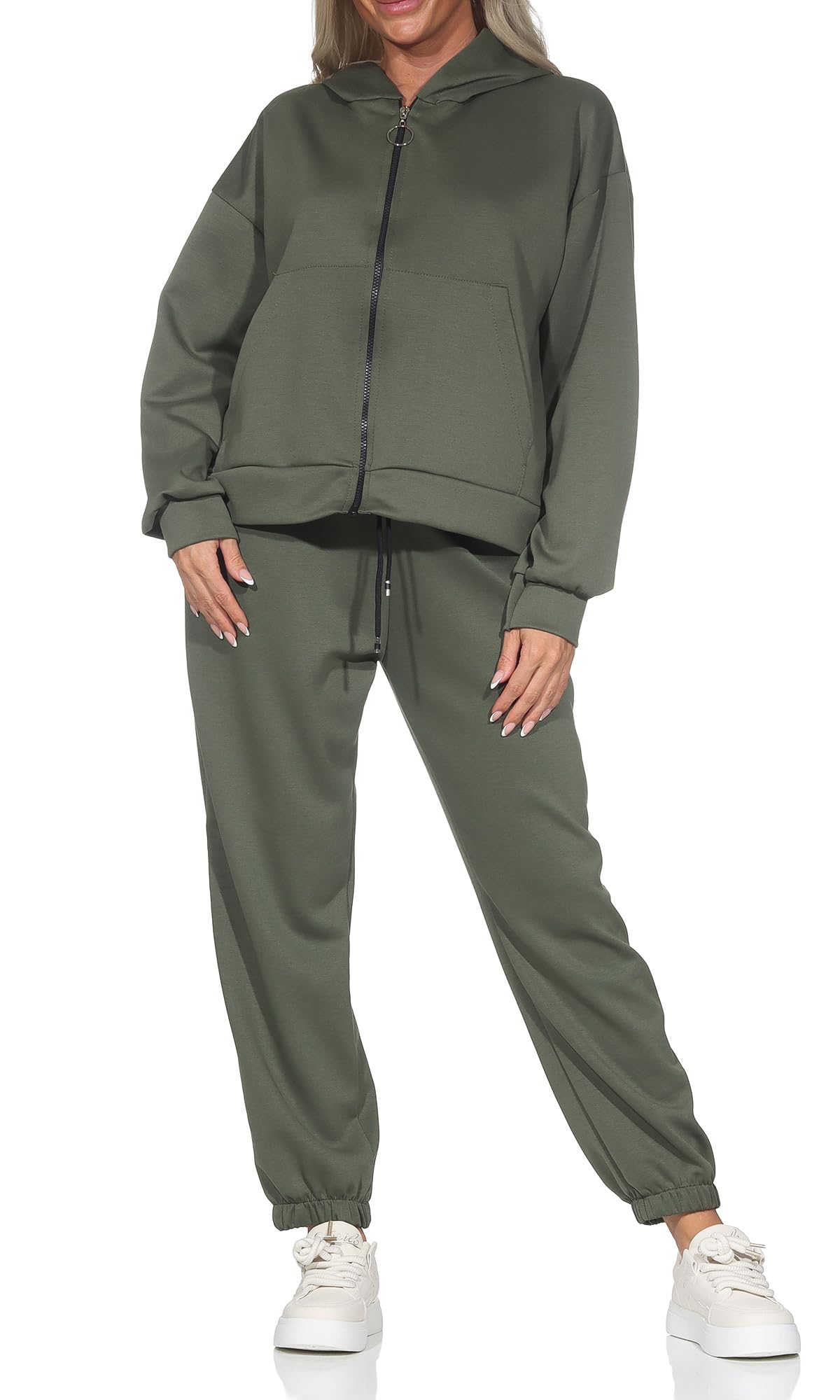 Damen Trainingsanzug 2 Teilig Set Hausanzug mit Kapuze & Reißverschluss – Sportlicher Jogginganzug Sweatjacke & Jogginghose Einheitsgröße (36-42) 618