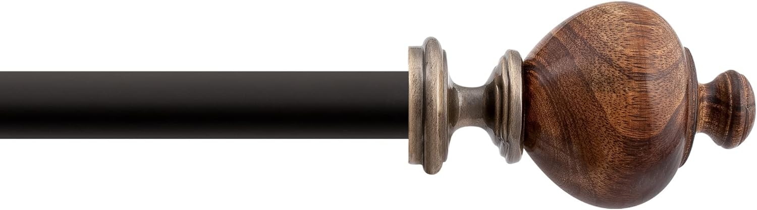 Brown Adjustable Curtain Rod with Natural Wood Finials, 36"-66"