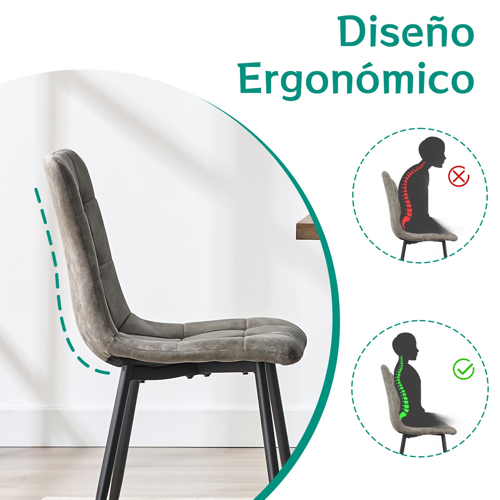 JIJIAN Pack de 4 Sillas de Comedor en Tejido Tecnológico, Caqui | Sillas de Cocina con Patas Metálicas Negras, Soportan hasta 120 kg, Sillas Tapizadas Modernas para Comedor, Salón y Cocina