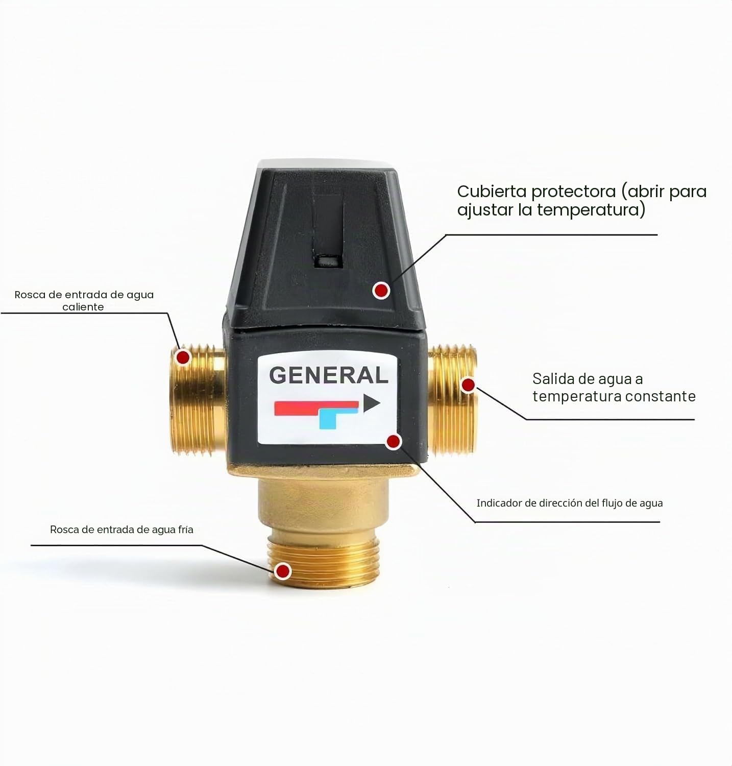 Válvula Termostática de 3 vías, DN20 G3/4 Válvula Mezcladora Termostática de Latón, -35 a 60 °C Válvula Termostato de Mezcla Caliente Fría, para Calentadores de Agua Solares, Ducha, Temperatura Agua